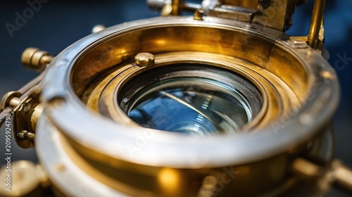 receding. Close-up of an antique telescope's eyepiece with brass and glass details. STEM education sheets, lab safety posters, designed for STEM education and laboratory safety posters.