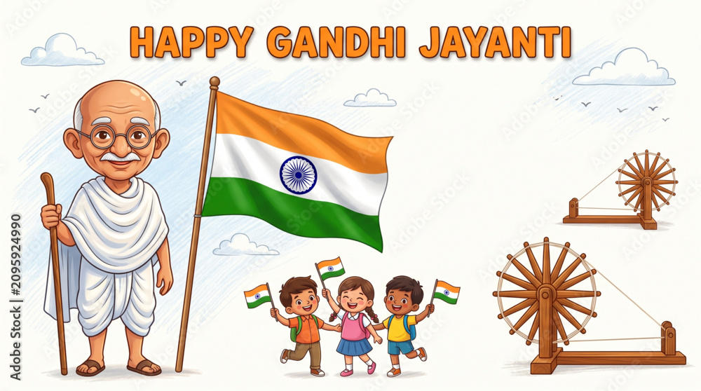 Fototapeta premium Cute Mahatma Gandhi Cartoon with Indian Flag Charkha and Children for Gandhi Jayanti Greeting Banner Design