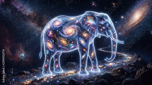 Glowing elephant in space. Cosmic neon animal illustration