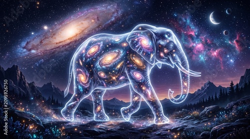 Glowing transparent elephant in space. Cosmic mystical creature