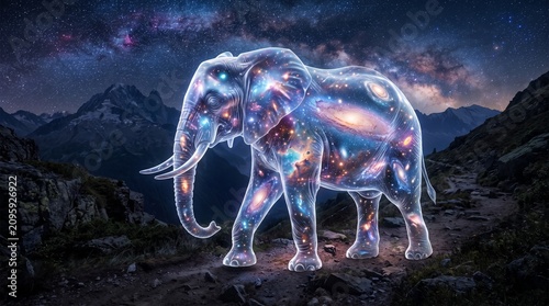 Glowing elephant in galaxy. Cosmic elephant under starry night sky