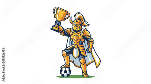 Bild auf Leinwand Brave knight mascot holding gold trophy and soccer ball.
