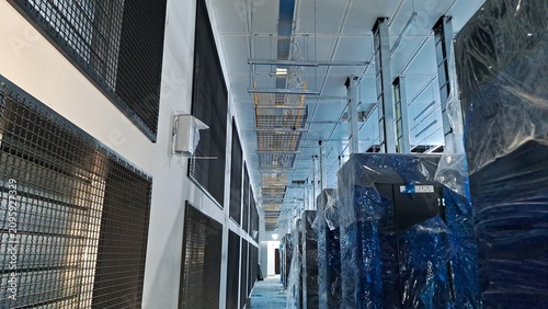 Newly Constructed Data Center Server Room with IT Racks and Overhead Cable Tray Installation