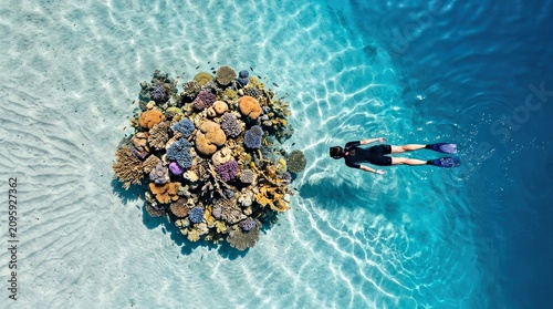 Snorkeler Swimming Near Vibrant Underwater Coral Reef in Clear Blue Ocean Waters
