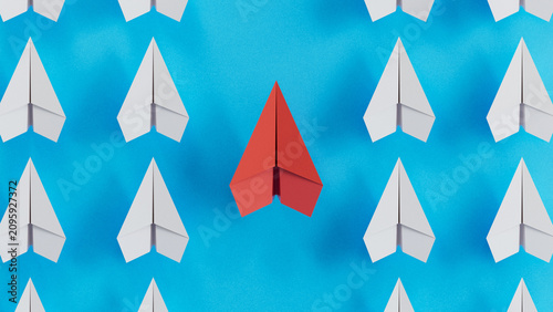 One Red Leader Plane Amid Rows Of White Paper Aircraft