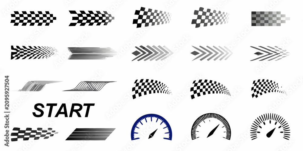 Obraz premium Checkered Flags And Speedometer Icons On White Background