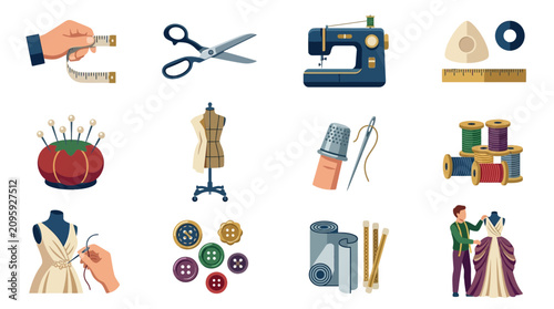 Valokuva Collection of sewing and tailoring tools and accessories for dressmaking and fashion design