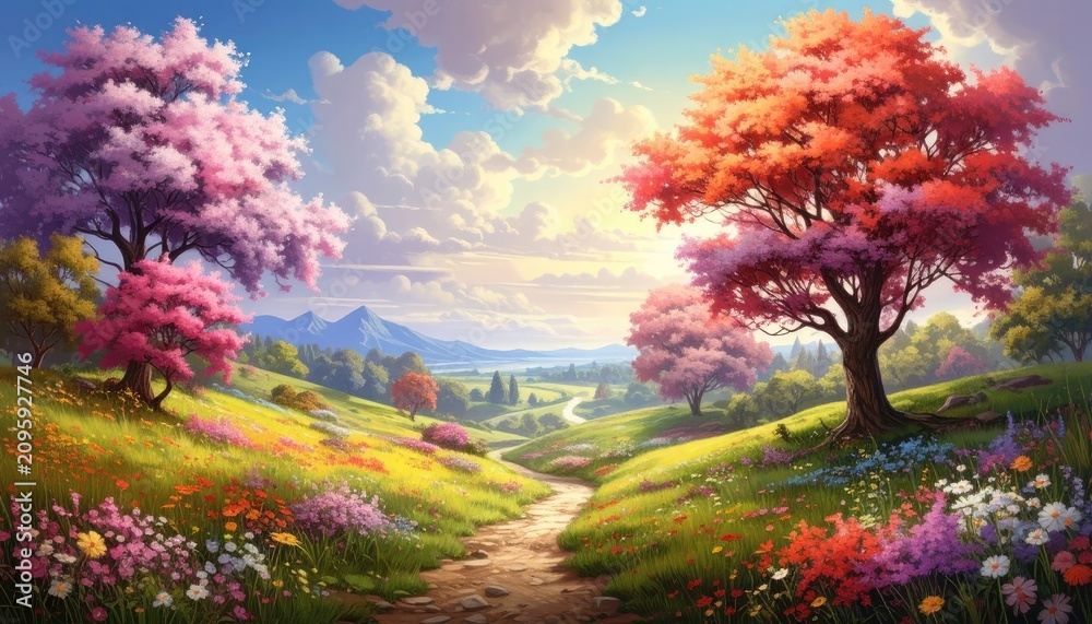 Obraz premium Enchanting Spring Landscape with Blooming Trees and Vibrant Wildflowers.