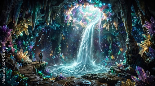 Mystical waterfall glowing with neon energy in enchanted cave. Ethereal cascade illuminating underground cavern with vibrant bioluminescent light