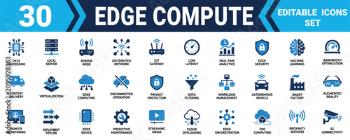 Photos Set of 30 edge computing and network technology icons for digital data processing and cloud systems Minimal solid fill icon set bundle collection