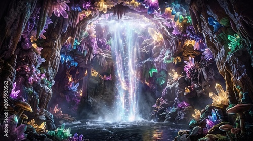 Waterfall flowing into a cave. Colorful iridescent light beams shining through