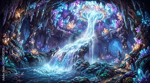 Waterfall flowing into a cave. Glowing blue waterfall in a dark cave