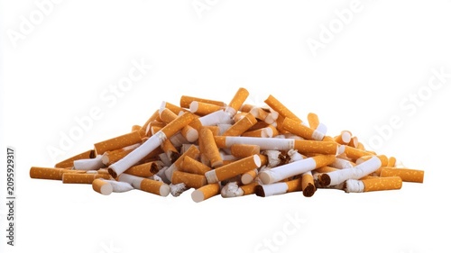 Pile of cigarette butts on white background. Artificial intelligence image