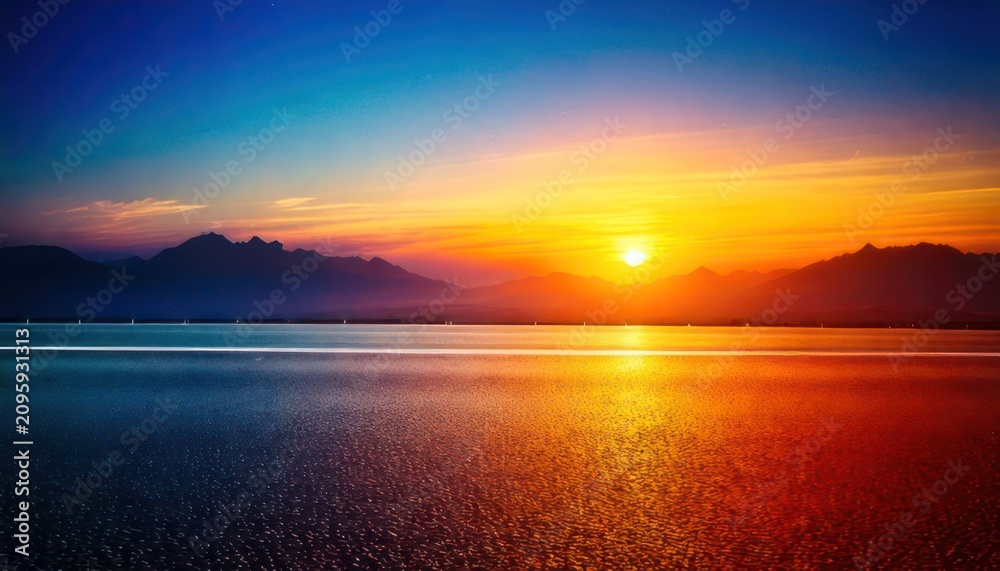 Naklejka premium Vivid Sunset Over Calm Waters Reflecting the Skys Colors.