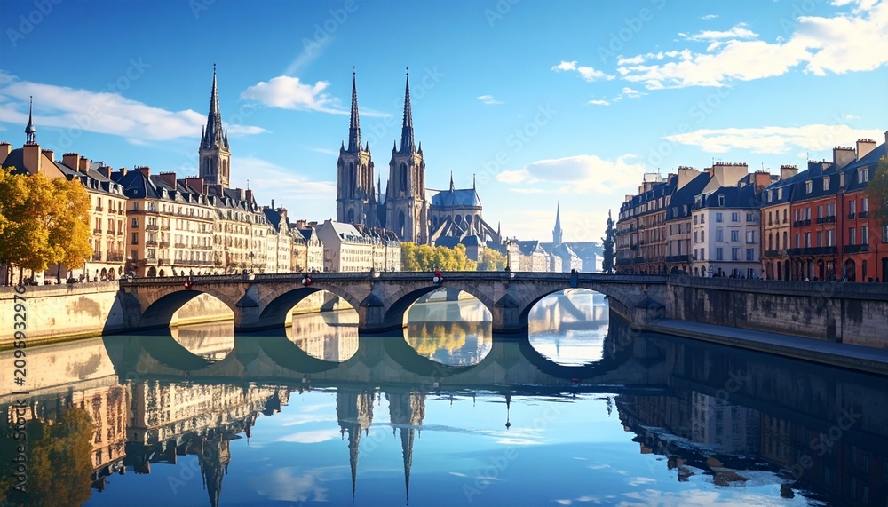 Fototapeta premium Historic European cityscape with Gothic cathedral and river bridge.