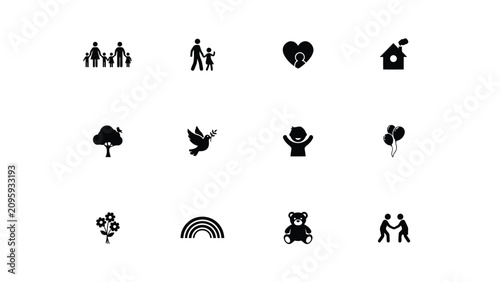 Foto Collection of minimalist black icons featuring family nature and celebration sym
