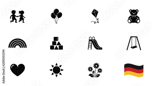 Принти на полотні Black and white children's playtime icon set with symbolic elements with paired