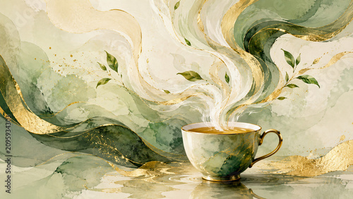 Elegant steaming tea cup with green marble texture and gold accents, surrounded by flowing sage watercolor waves, botanical leaves and luxurious metallic details.