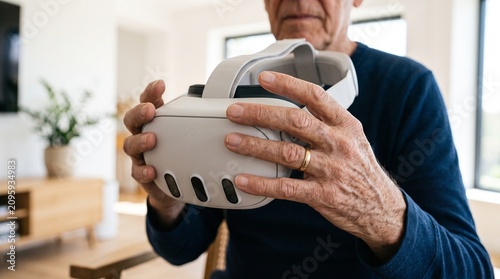 Senior man holding white virtual reality headset indoors