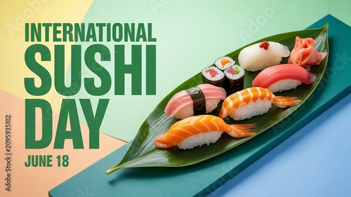 Colorful sushi platter illustration celebrating international food day with nigiri rolls garnishes and Japanese cuisine concept