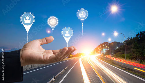 Open Hand Reaching Toward Sunset Highway With Light Trails And Digital Orbs