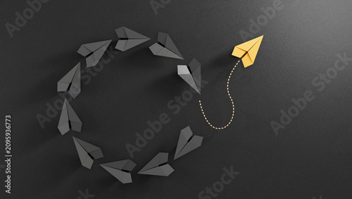 Fotografi Single yellow Aircraft Diverges From Circle Of Conforming black Planes