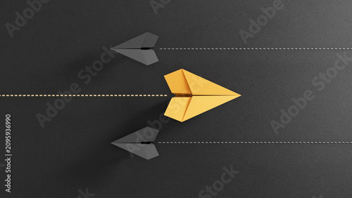 Bild auf Leinwand One Big yellow Plane Breaks Away From Uniform black Paper Planes
