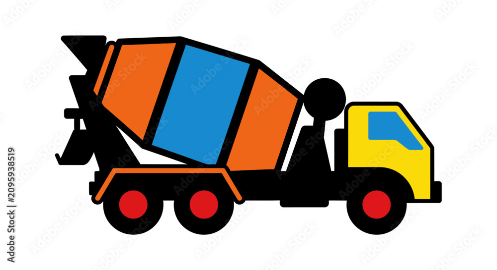 Naklejka premium Colorful cartoon illustration of a construction cement mixer truck.