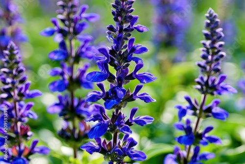 Purple salvia flowers blooming in a sunny garden macro shot with sharp focus and vibrant bokeh for botanical wellness marketing