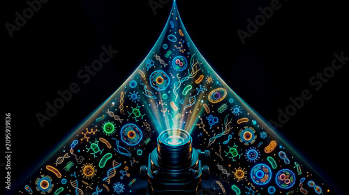 Microscope light with glowing molecular research particles