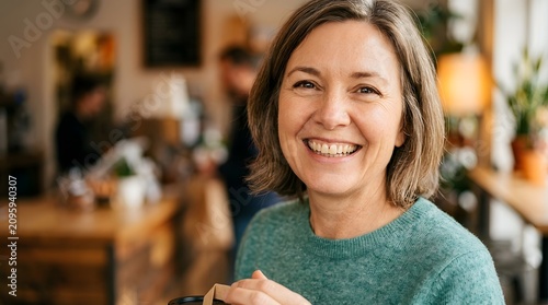 Happy woman smiling in a cafe. Cheerful female customer enjoying coffee.