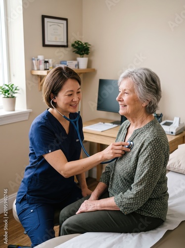 Doctor listening to elderly patient's heart with stethoscope during medical checkup
