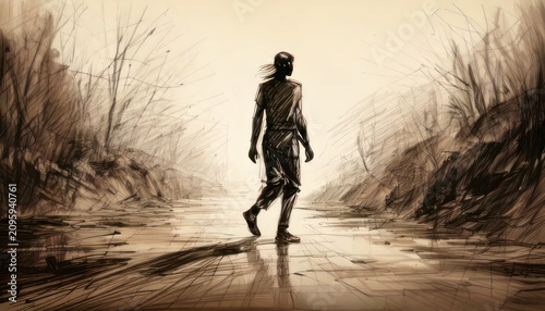 Solitary Figure Walking Through a Bleak, Waterlogged Landscape.