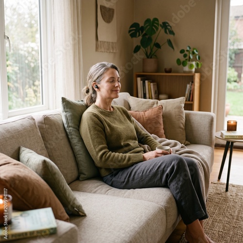 Mature woman relaxing on sofa wearing wireless earbuds and holding a warm beverage