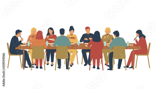 Diverse group of people eating together at a long dinner table during a formal party and social gathering.