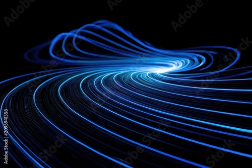 Fiber optic blue light trails swirling in dark space with sharp macro focus and bokeh for telecommunications branding