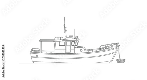 Line drawing of a fishing boat with a basket white background
