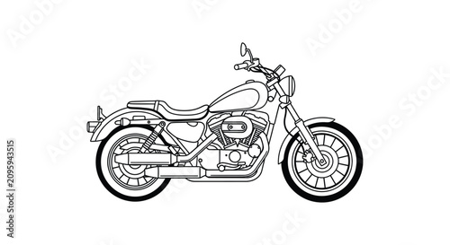 Motorcycle Line Drawing On White Background Detailed Black And White Illustration