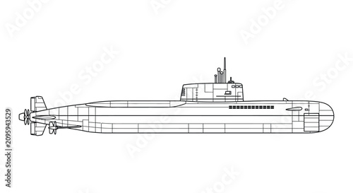 Submarine Line Drawing On White Background Detailed Naval Vessel Illustration