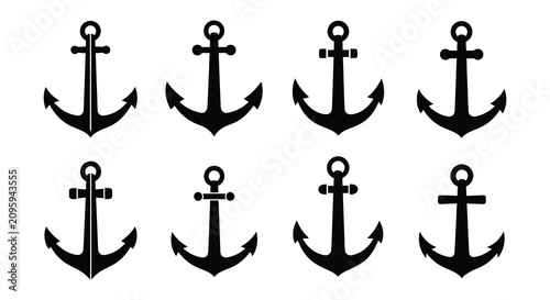 Black silhouette anchors in various orientations on a white background