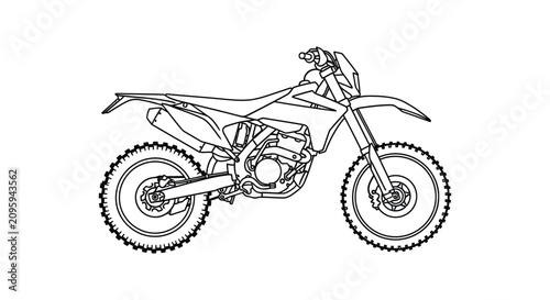 Line drawing of a motorcycle with knobby tires on a white background