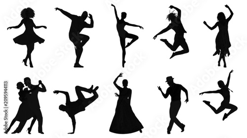 Silhouette illustrations of people dancing in various styles