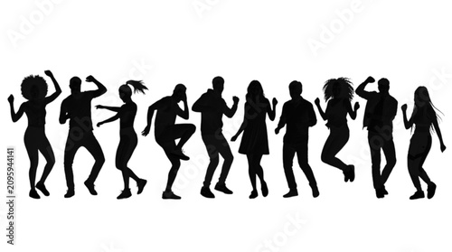 Group of silhouetted people dancing together in a joyful celebration