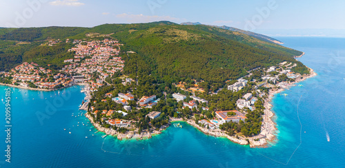 Tableau sur toile Panoramic drone view of Rabac bay and hillside town on the Adriatic coast, Croat