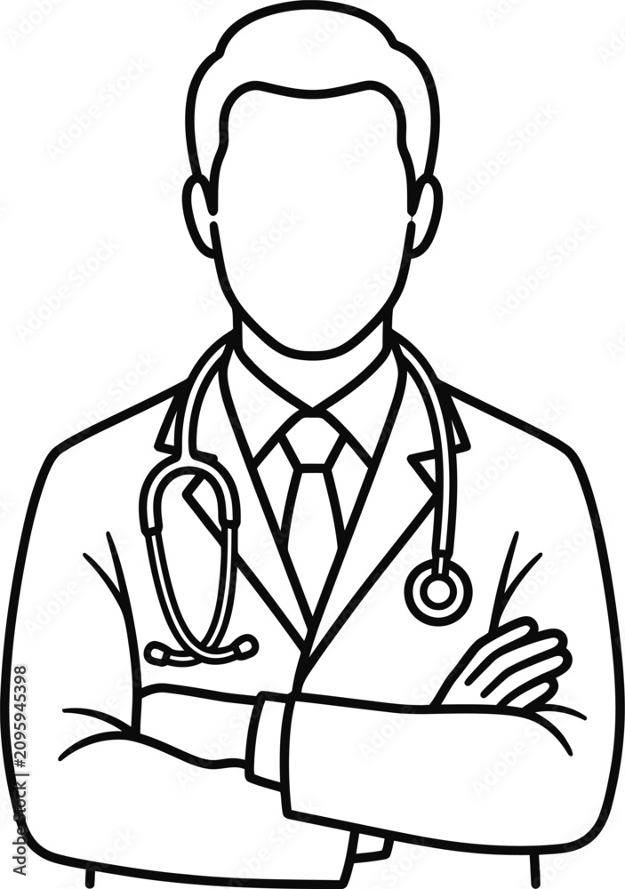 Fototapeta premium Minimalist outline illustration of a male doctor with stethoscope.