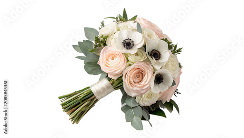 Schilderij op canvas Elegant wedding bridal bouquet with white roses anemones and ribbon isolated on