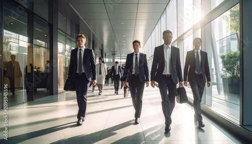 Group of businessmen walking down a modern office hallway.