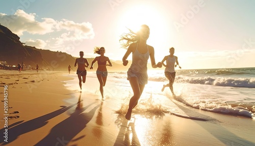 Group of friends running on a beach at sunset.