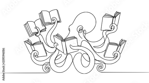 Continuous line art of an intelligent octopus multitasking with many open books