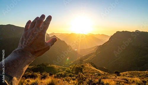 Hand Reaching Towards Golden Sunrise Over Majestic Mountain Valley.